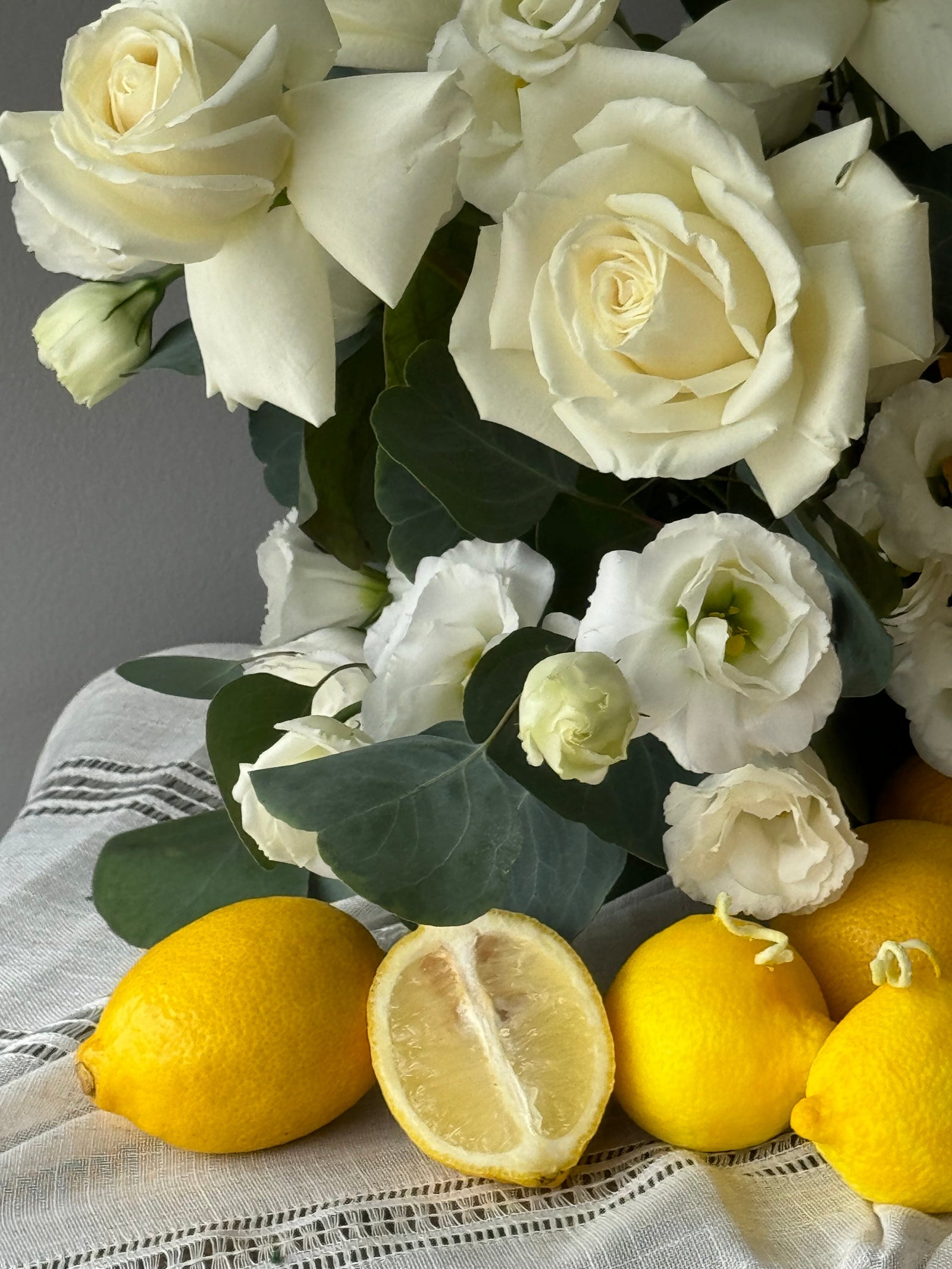 Interior arrangement “Lemons” - garden roses, eucalyptus