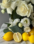 Interior arrangement “Lemons” - garden roses, eucalyptus