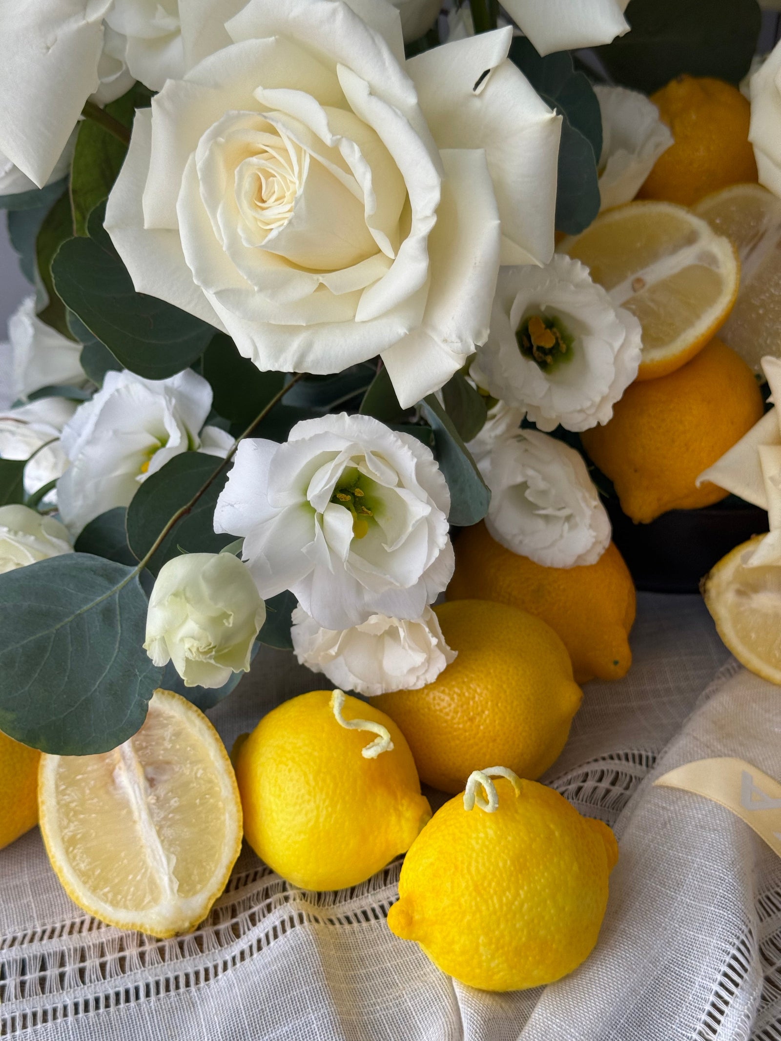 Interior arrangement “Lemons” - garden roses, eucalyptus