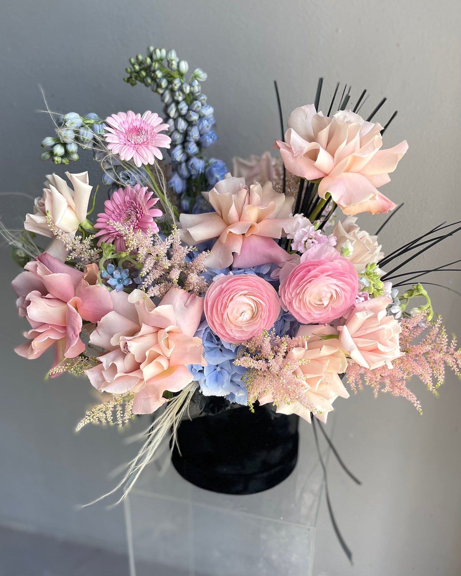 Flower box “Morning in Paris” - roses, ranunculuses, delphiniums