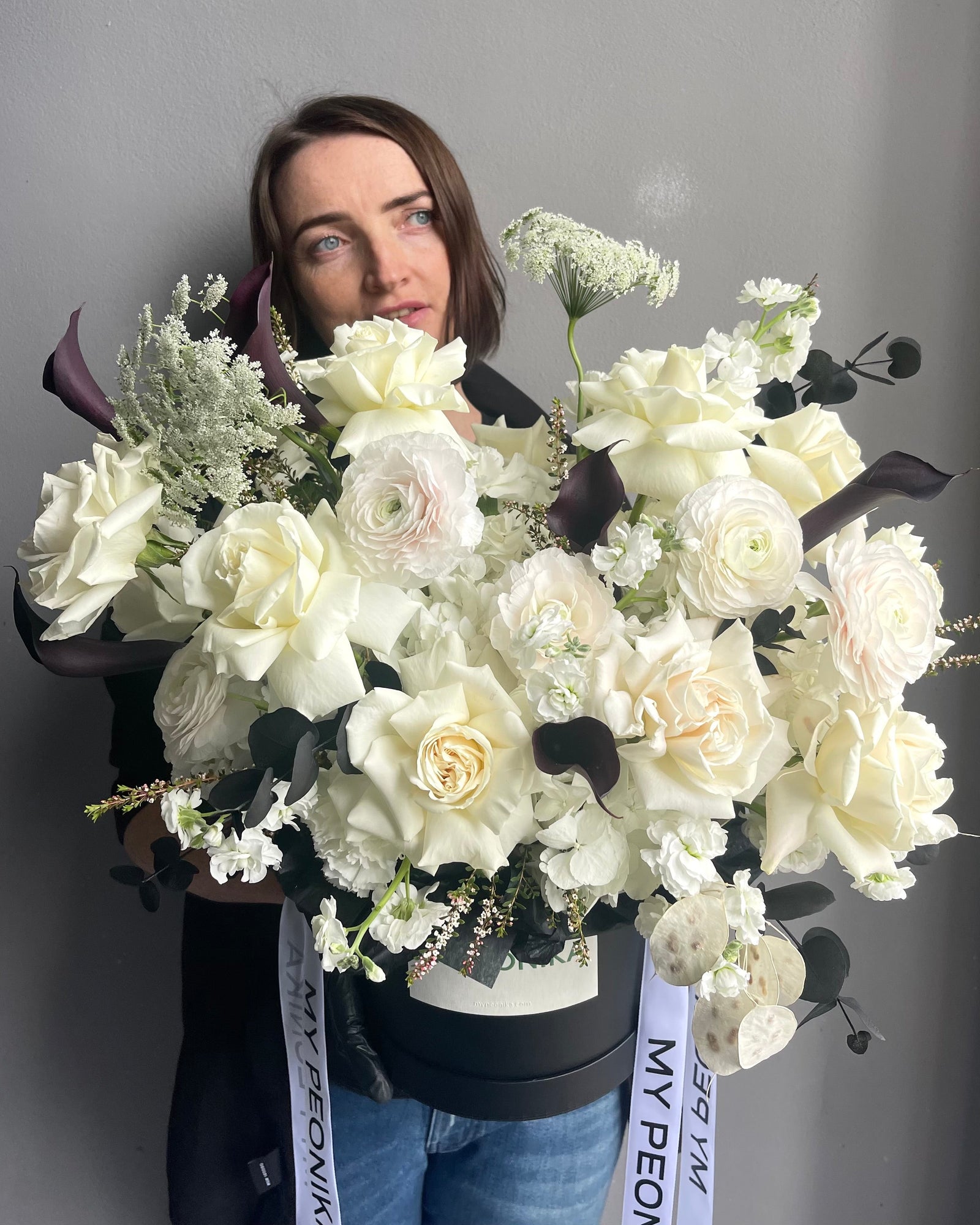 Flower Box "Shadowed Purity" - roses, ranunculuses, calla lilies (ONLY MIAMI)