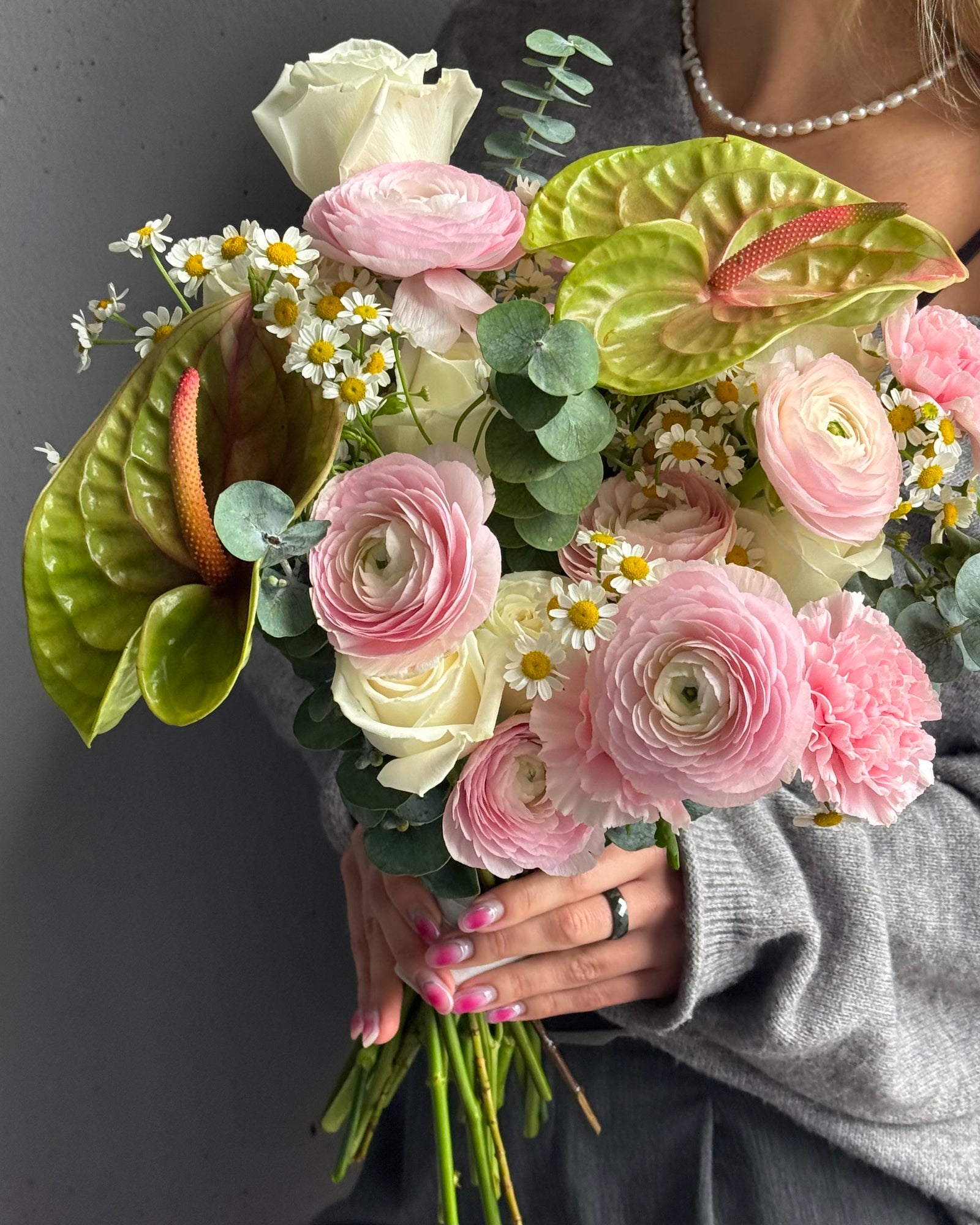 Wedding bouquet "Here &amp; Now" - Ranunculus, Roses, Anthuriums