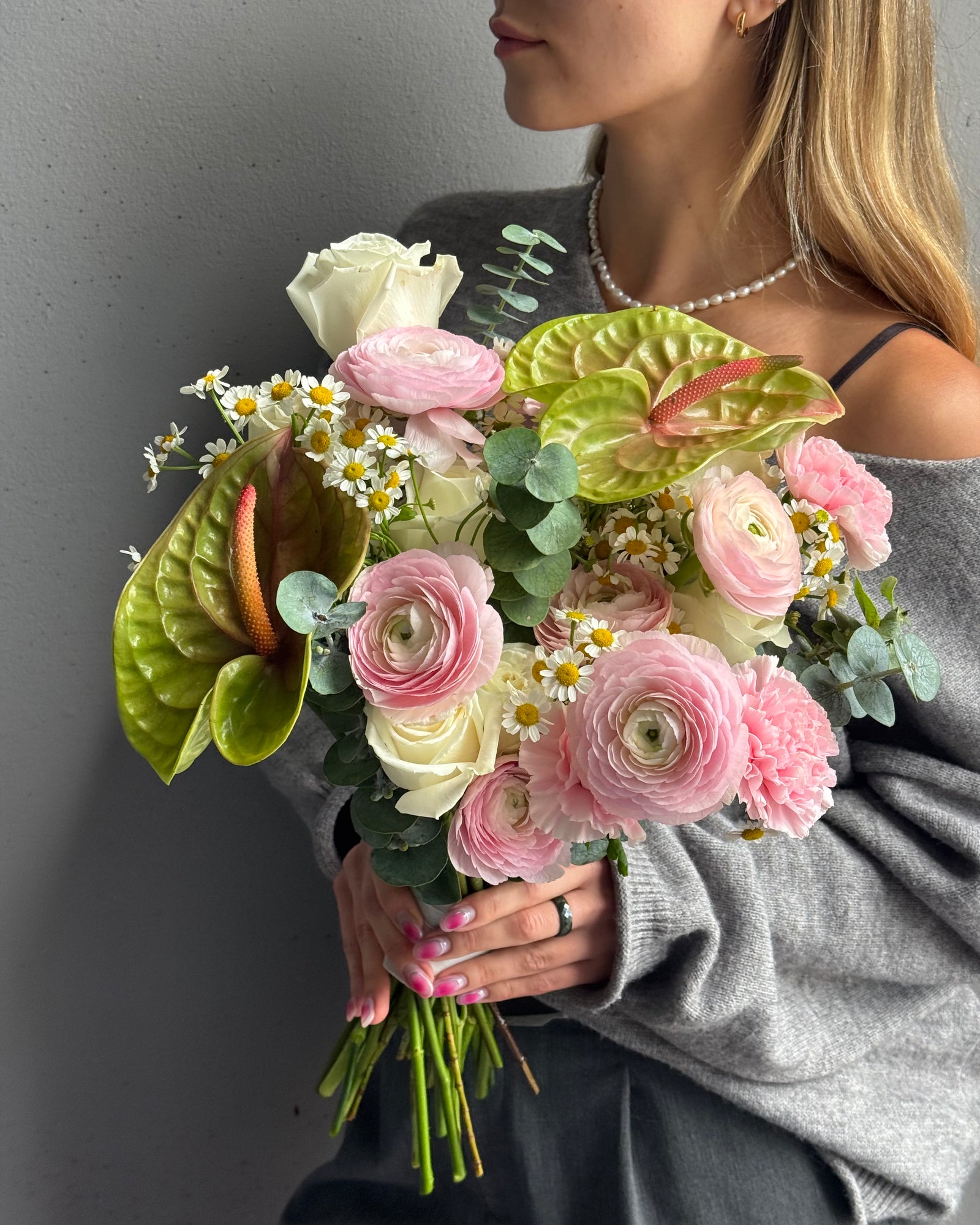 Wedding bouquet "Here &amp; Now" - Ranunculus, Roses, Anthuriums