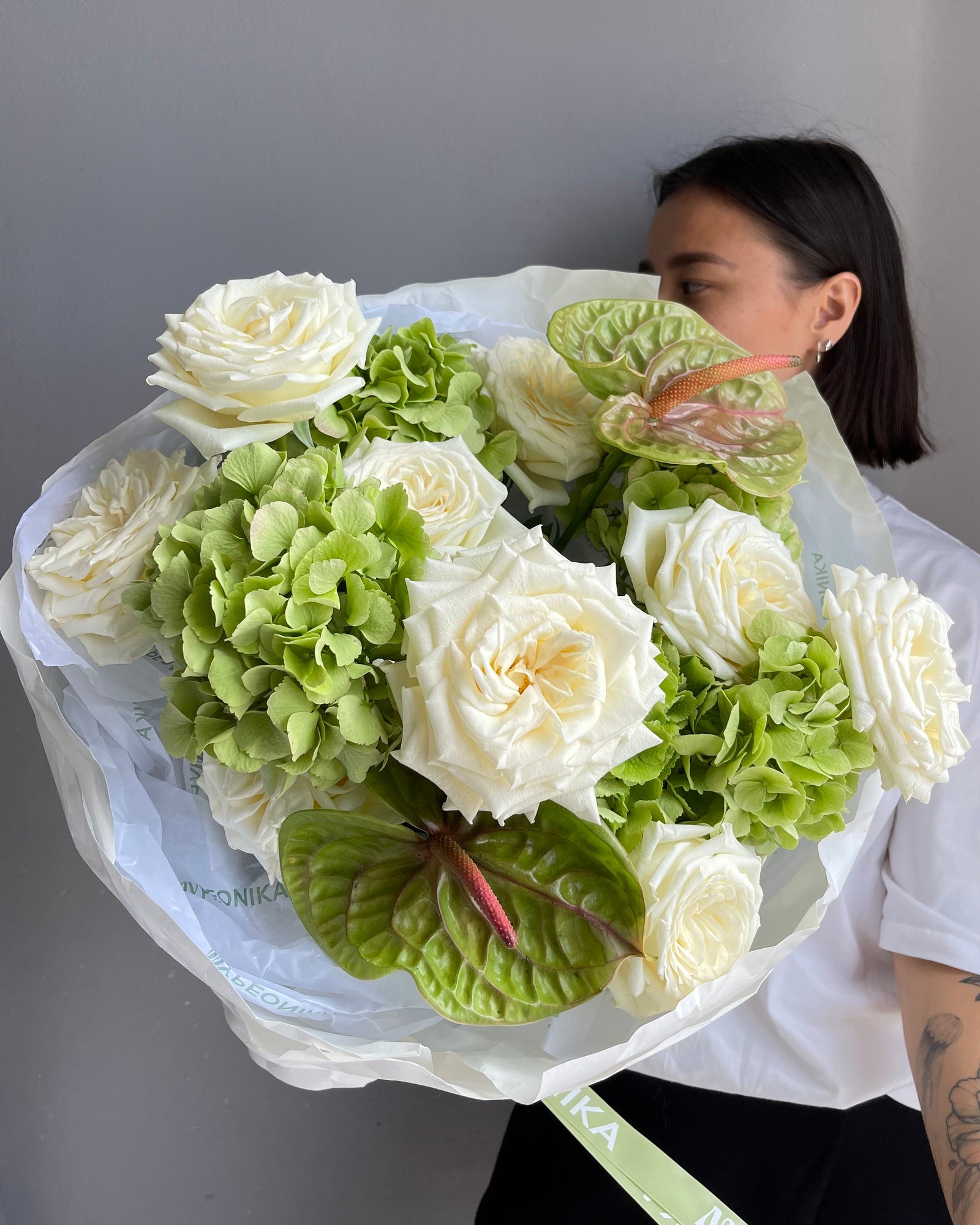 Bouquet “Green Vibes” - hydrangeas, roses, anthuriums