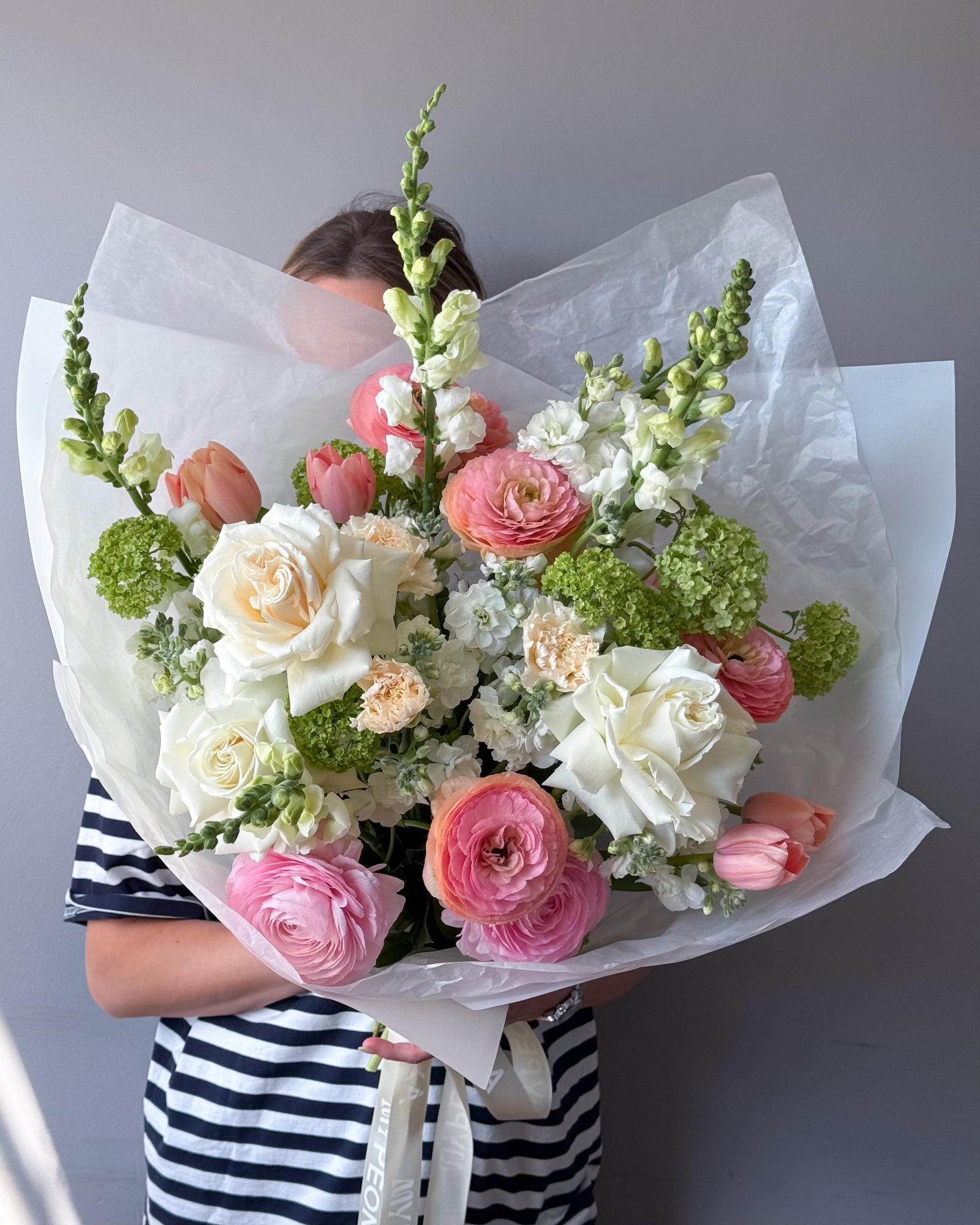 Bouquet “Candy” - ranunculuses, roses, stock, viburnum