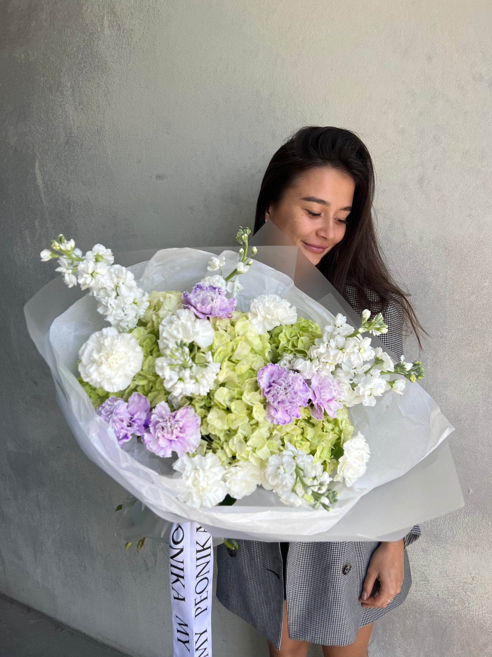 Bouquet "Green and Lavender Delight" - hydrangeas, carnations, stock