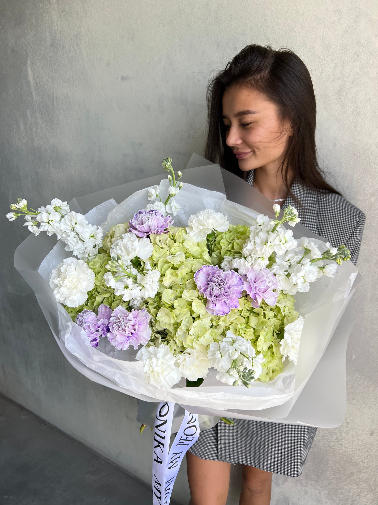 Bouquet "Green and Lavender Delight" - hydrangeas, carnations, stock