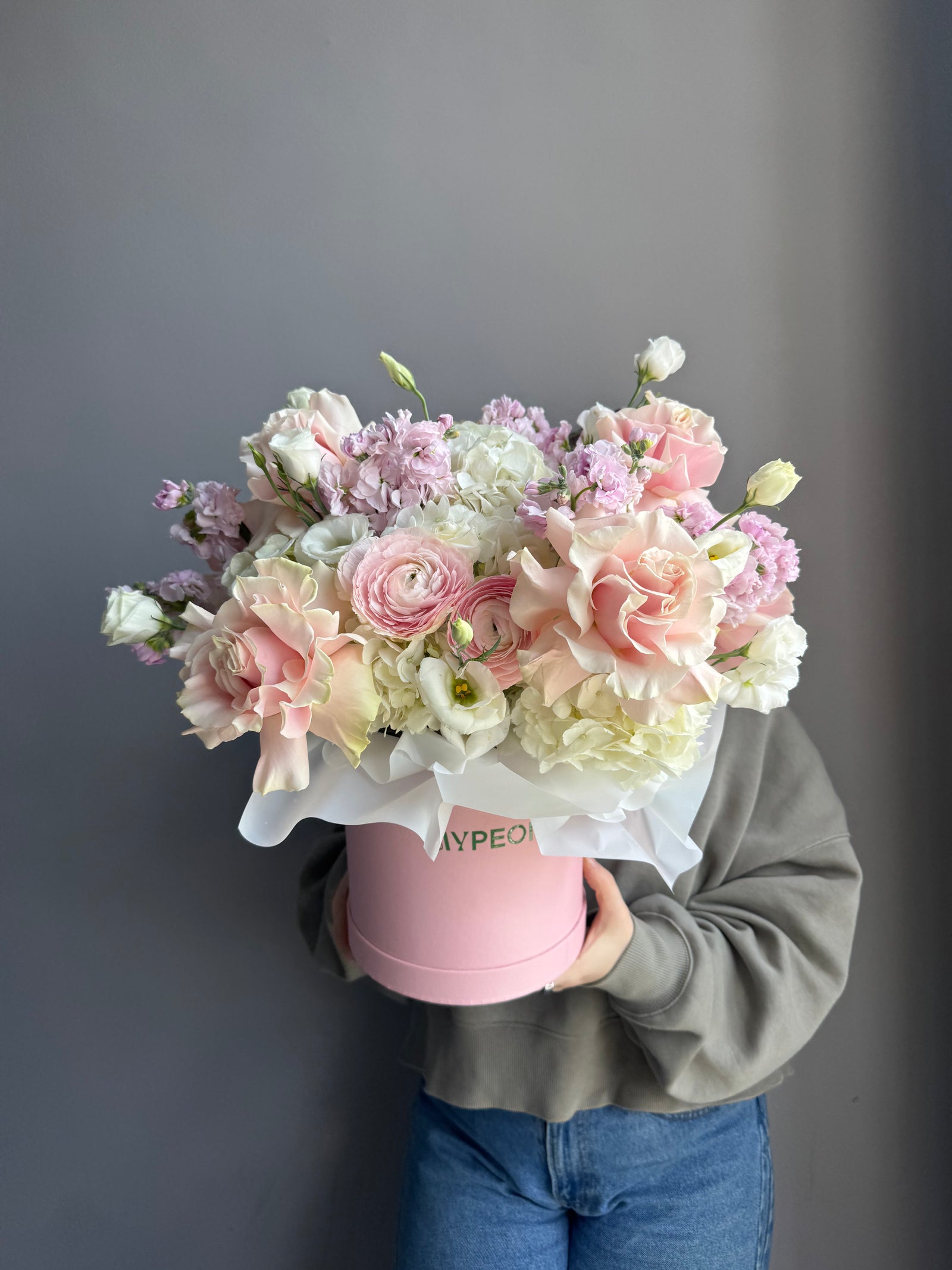 Flower Box “Tender Pink Tranquility” - roses, hydrangeas, ranunculuses
