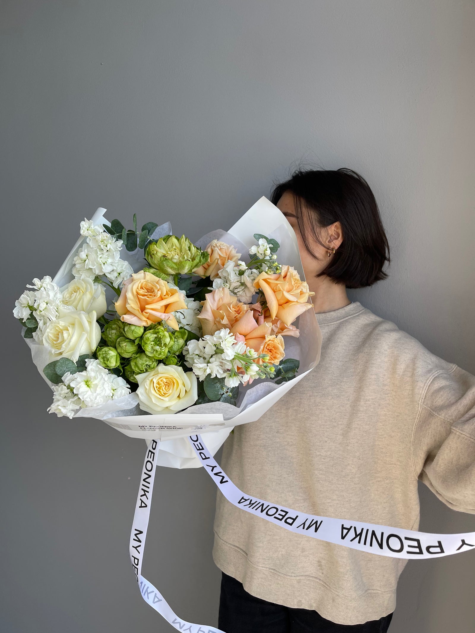 Bouquet "Kissed Garden" - garden roses, stock, eucalyptus