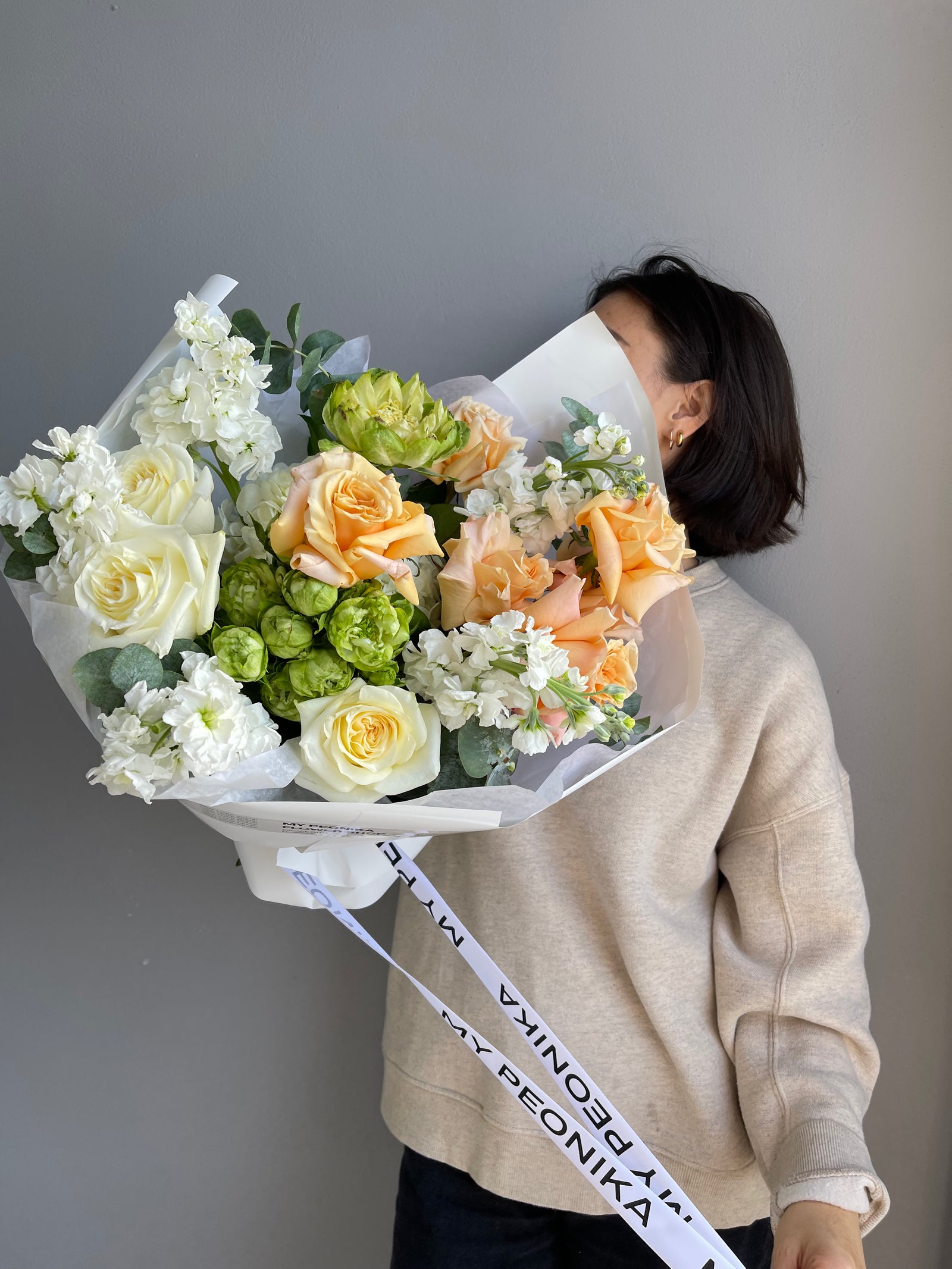 Bouquet "Kissed Garden" - garden roses, stock, eucalyptus