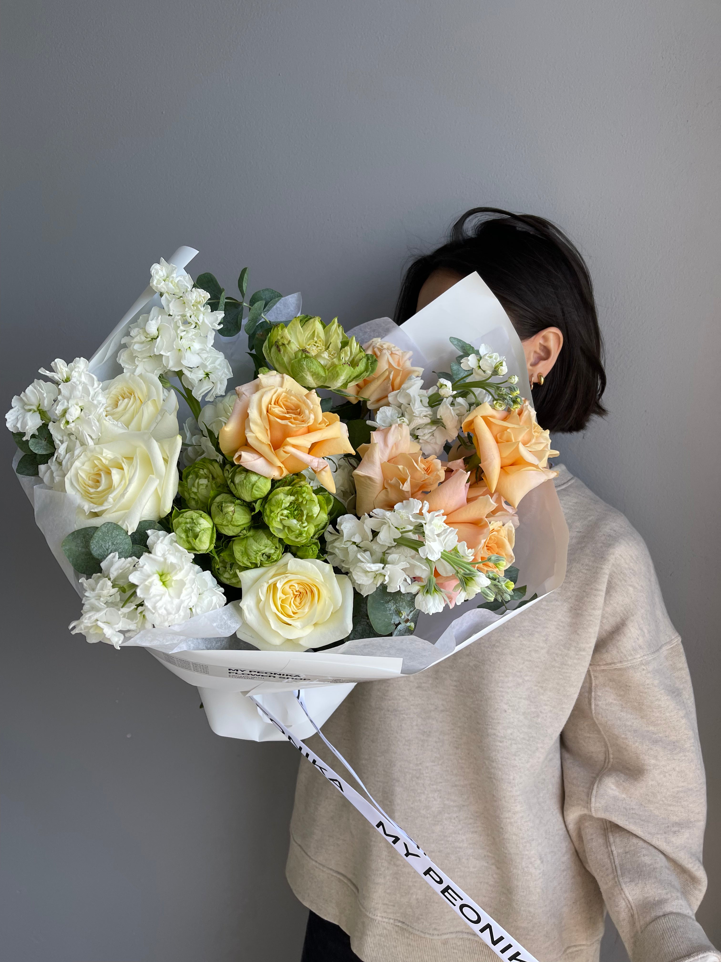 Bouquet &quot;Kissed Garden&quot; - garden roses, stock, eucalyptus
