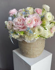 Flower Basket “Lucky Girl” — ranunculus, roses, hydrangeas