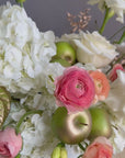 Vase Arrangement “September Silk” — hydrangea, rose, ranunculus, calla lily, anthurium, decorative apple