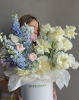 Flower Box “Unsent Message” — roses, delphinium, ranunculus