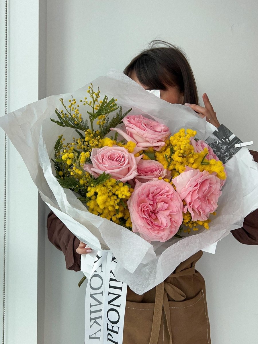 Duo Bouquet "Pink Ohara & Mimosa" - My Peonika Flower Shop